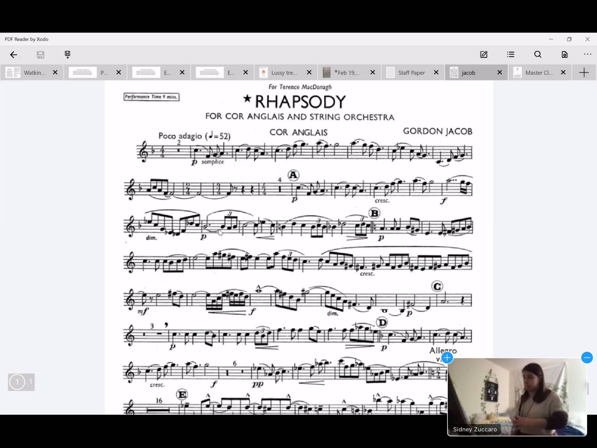 A photo of a Zoom master class with Julia Gjebic. In the photo: score of Jacob's Rhapsody and Sidney in the bottom right corner.